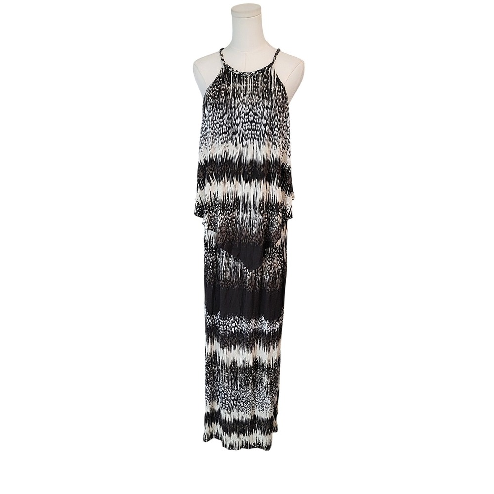 Michael Kors Maxi Dress‎ Black White Halter Sleeveless Tiered Flowy Womens
